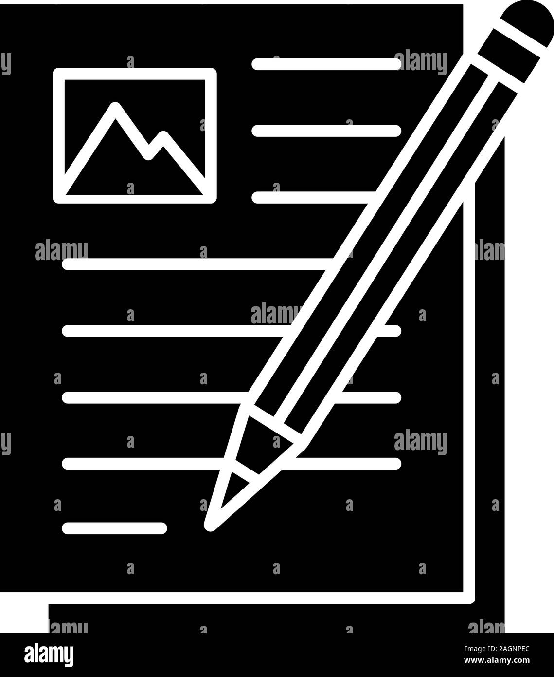 La scrittura di saggio icona glyph. La digitazione del testo. Documento con matita. Simbolo di Silhouette. Lo spazio negativo. Vettore illustrazione isolato Illustrazione Vettoriale