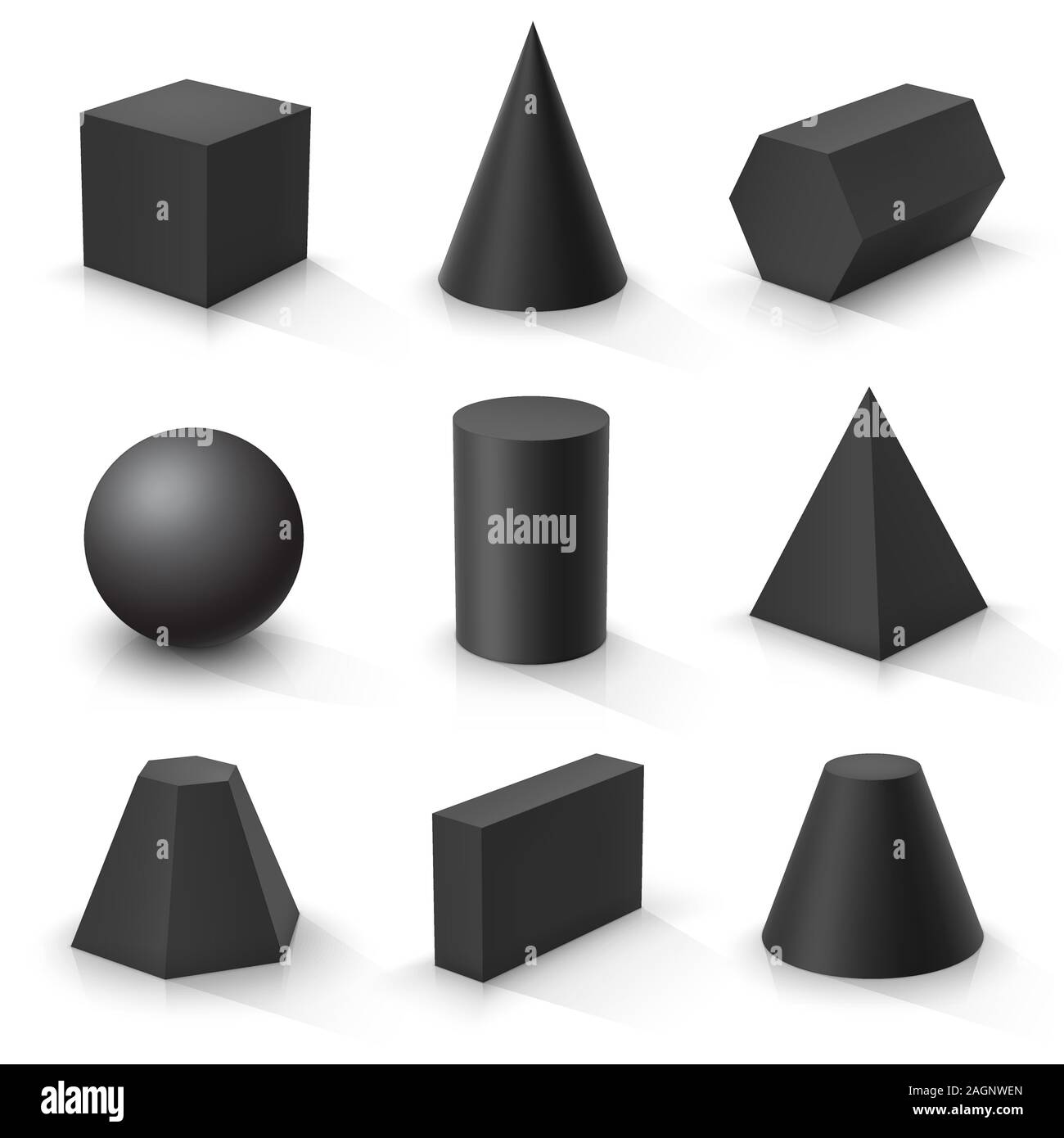 Set di forme 3d di base. Nero di solidi geometrici su uno sfondo bianco. Illustrazione Vettoriale Illustrazione Vettoriale