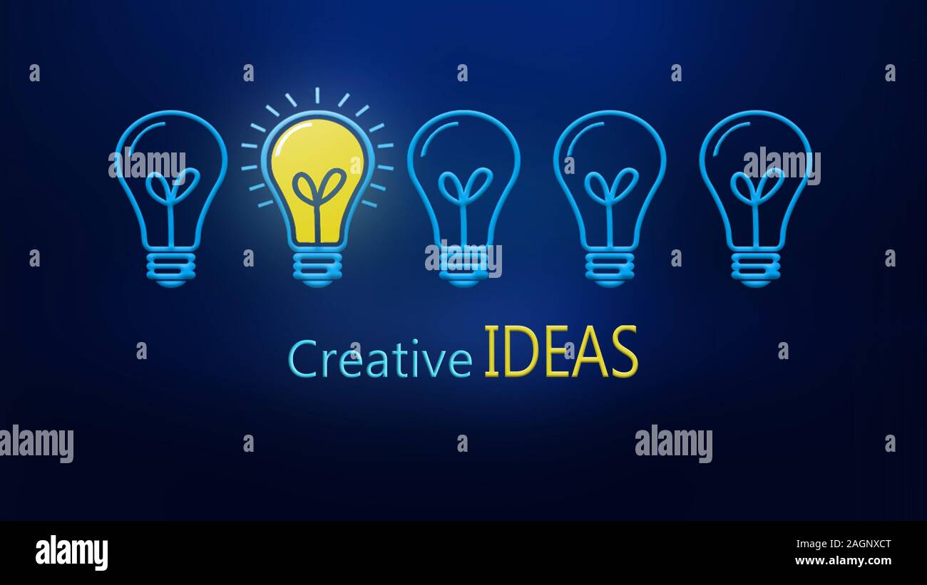 Idee creative lampadine elettriche e una luce come un concetto di nuovo lo sfondo è blu Foto Stock