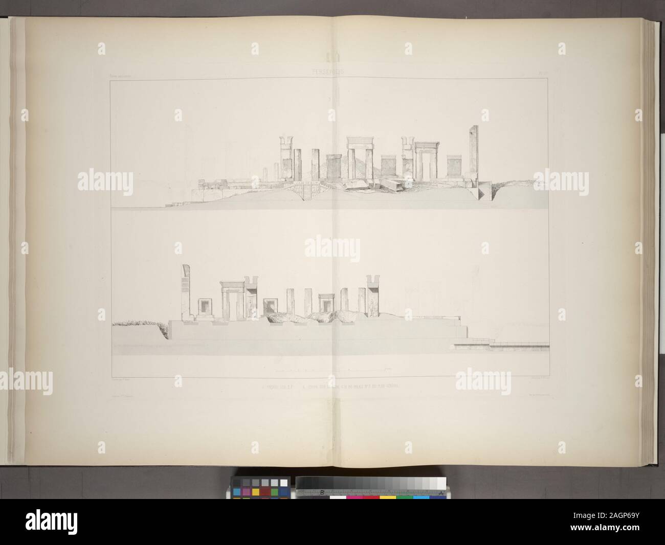 Persépolis. 3. Facciata sur EF, 4. Coupe sur la ligne GH du Palais n. 3 piano du Général. (Planche doppio.); Persépolis. 3. Facciata sur EF, 4. Coupe sur la ligne GH du Palais n. 3 piano du Général. (Planche doppio). Foto Stock