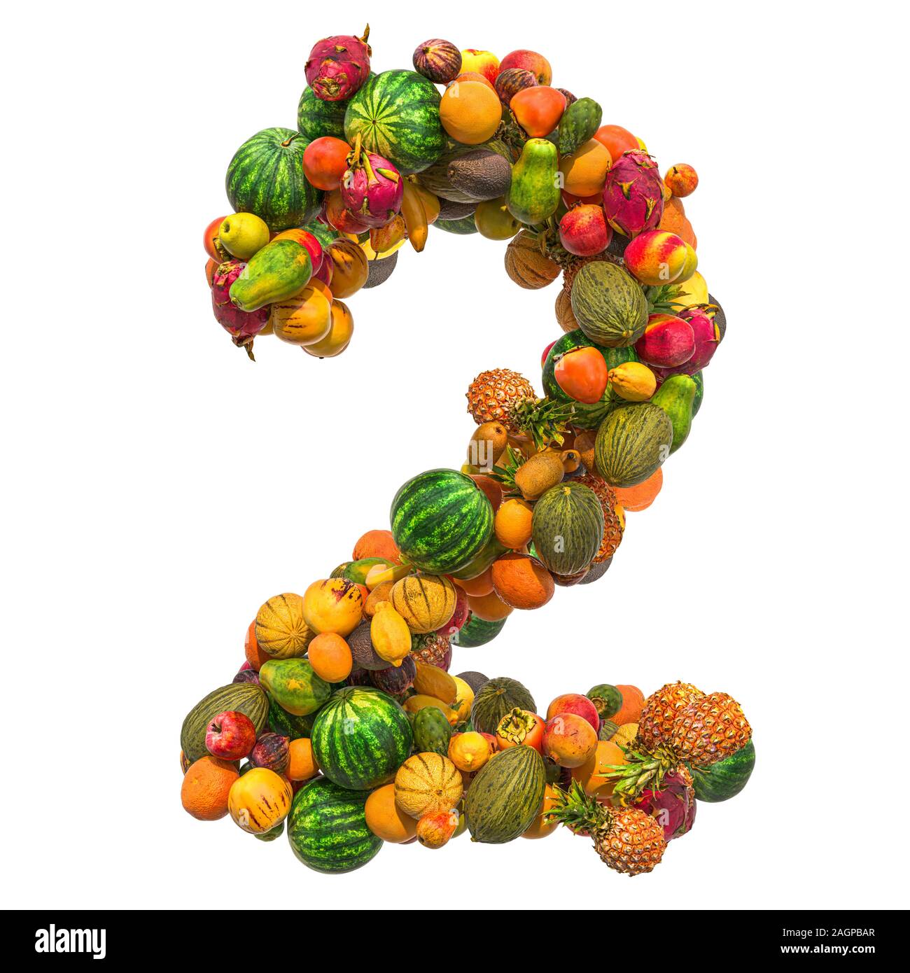 Numero 2 da frutti, rendering 3D isolati su sfondo bianco Foto Stock