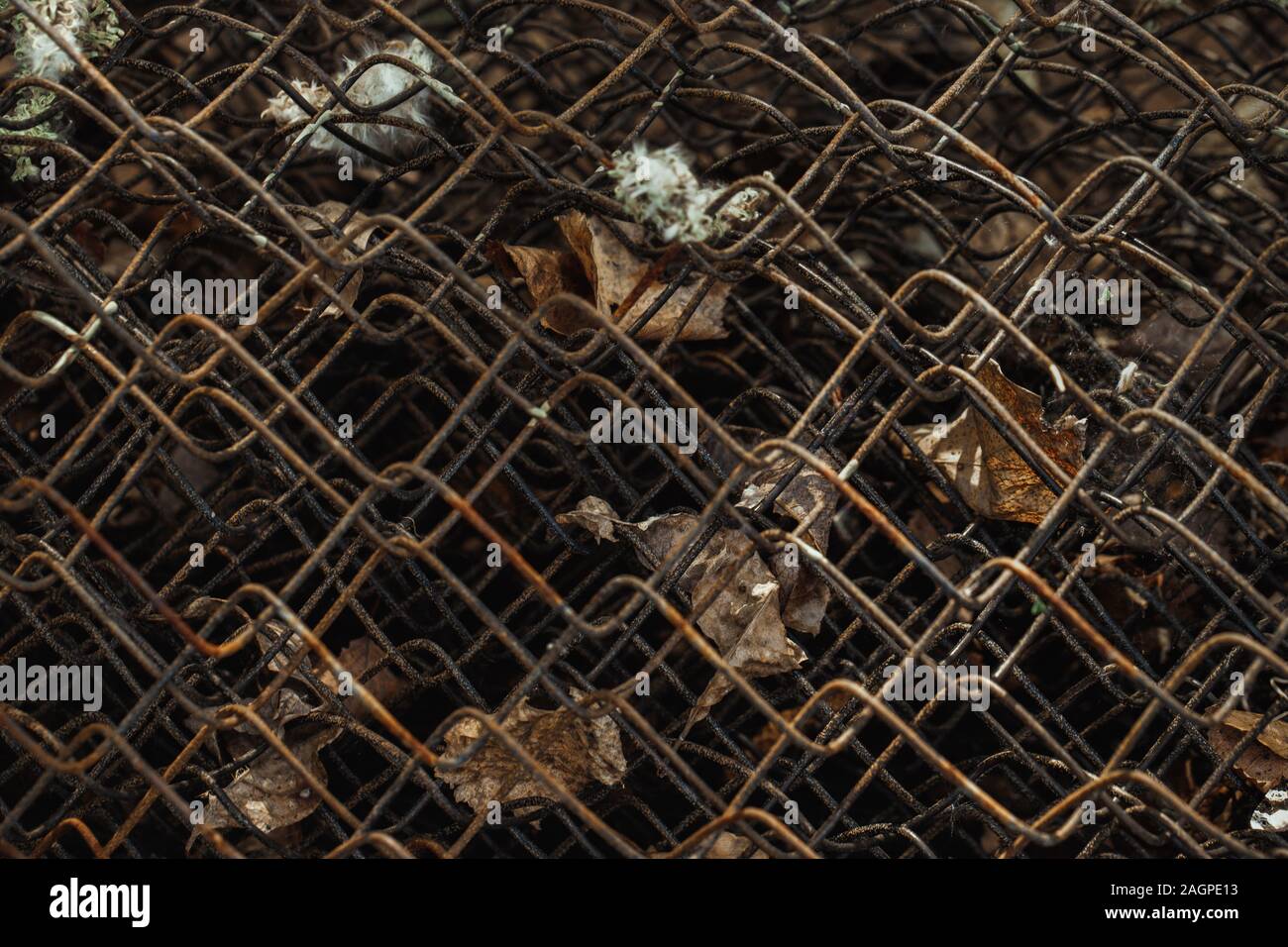 Vecchio arrugginito maglia marrone dello sfondo. Rete metallica recinzione  in foglie secche closeup. Grunge texture vintage Foto stock - Alamy