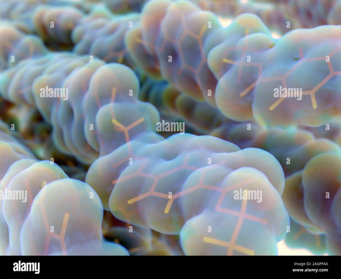 Fogli di polietilene tereftalato (PET, PETE) poliestere plastico, modello molecolare. Il PET è il più comune di polimero termoplastico. È utilizzato principalmente in fibre sintetiche e bottiglie di plastica. Foto Stock