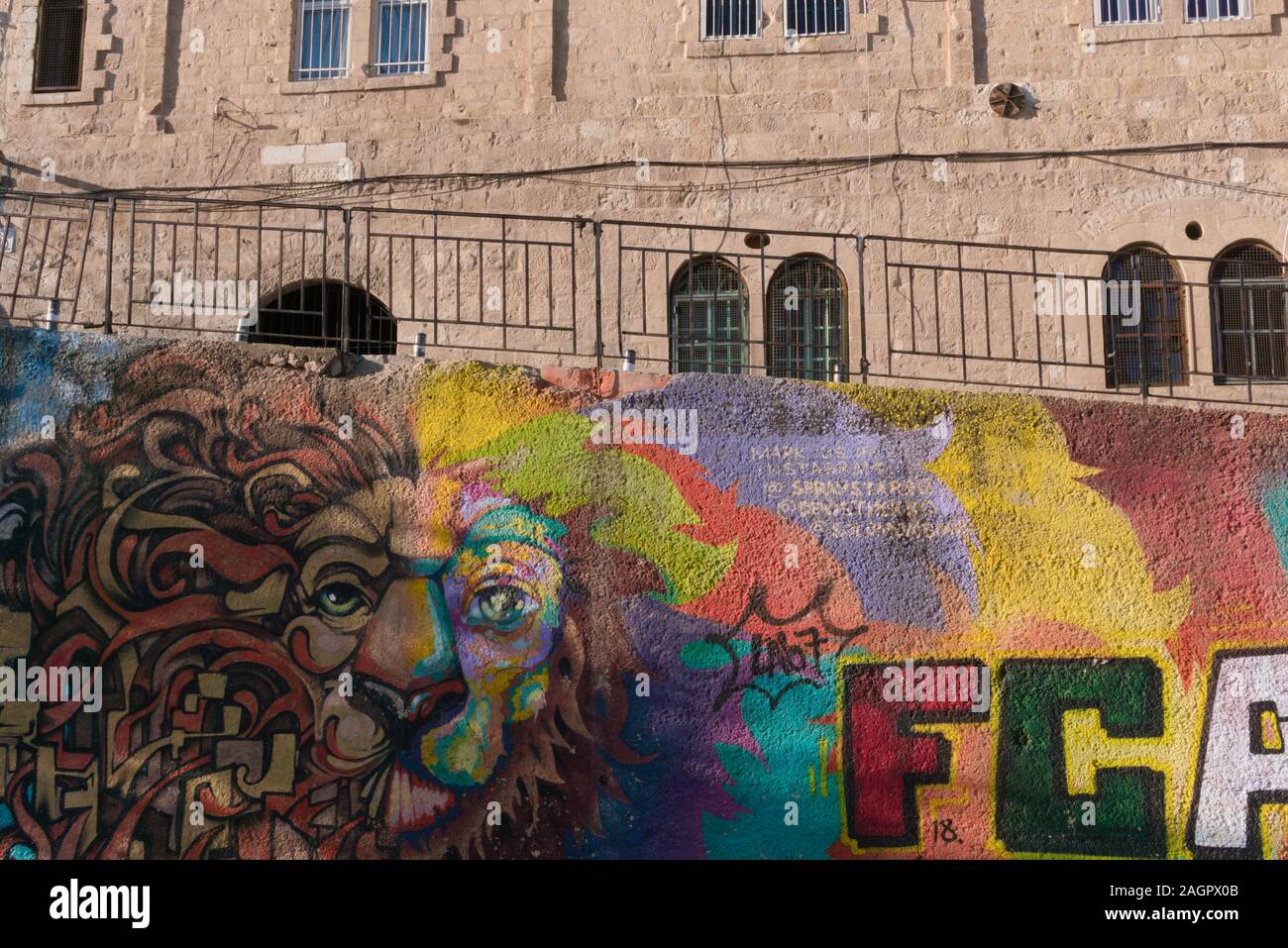 Graffiti di un leone nella città vecchia di Gerusalemme, Israele Foto Stock