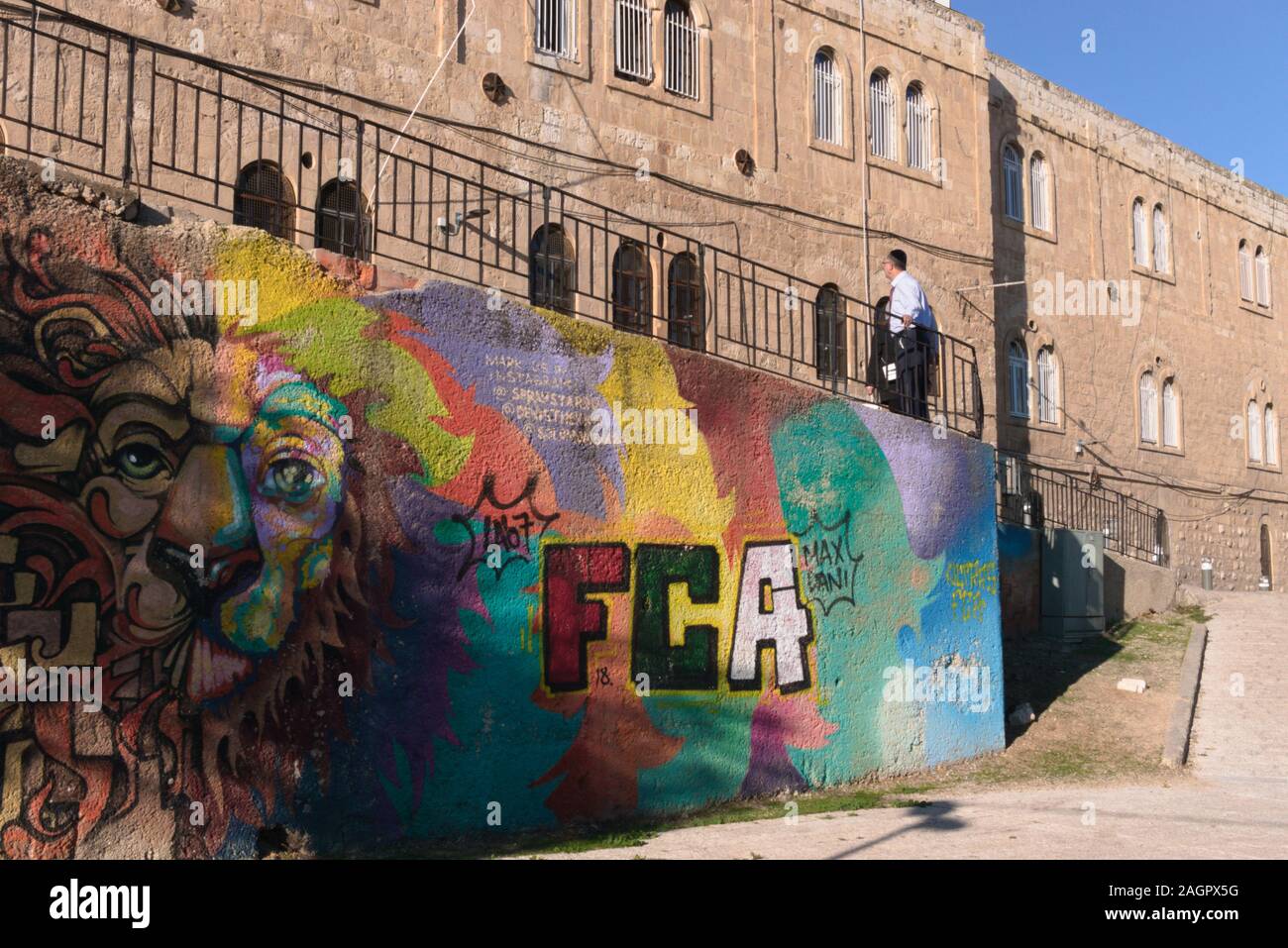 Graffiti di un leone nella città vecchia di Gerusalemme, Israele Foto Stock