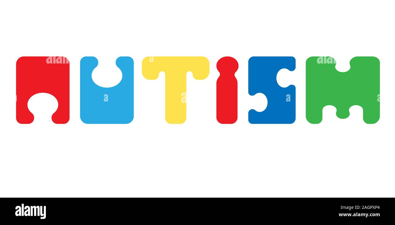 La parola autismo fatta di lettere stilizzata come pezzi di un puzzle Foto Stock