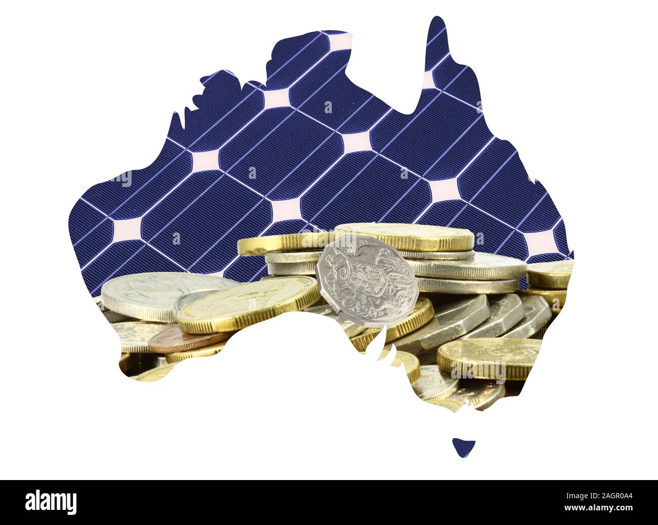 Australia mappa con pannelli solari e delle monete che mostra il denaro risparmiato Foto Stock