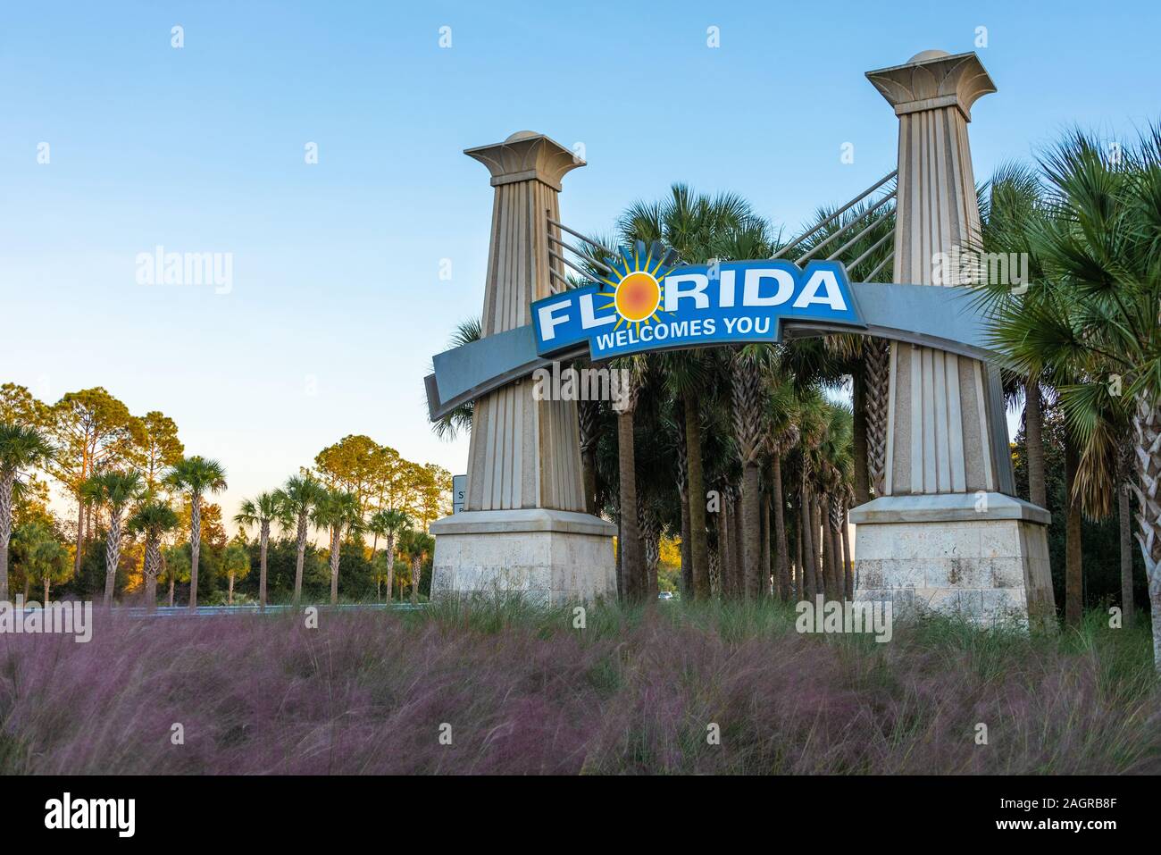 Florida segno di benvenuto lungo I-75 presso la Florida/Georgia la linea di stato. (USA) Foto Stock