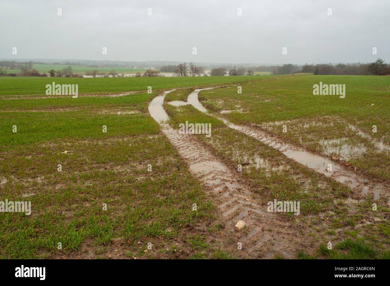 I cingoli del trattore attraverso un campo Dopo forti piogge nelle zone rurali del Bedfordshire England Regno Unito Foto Stock