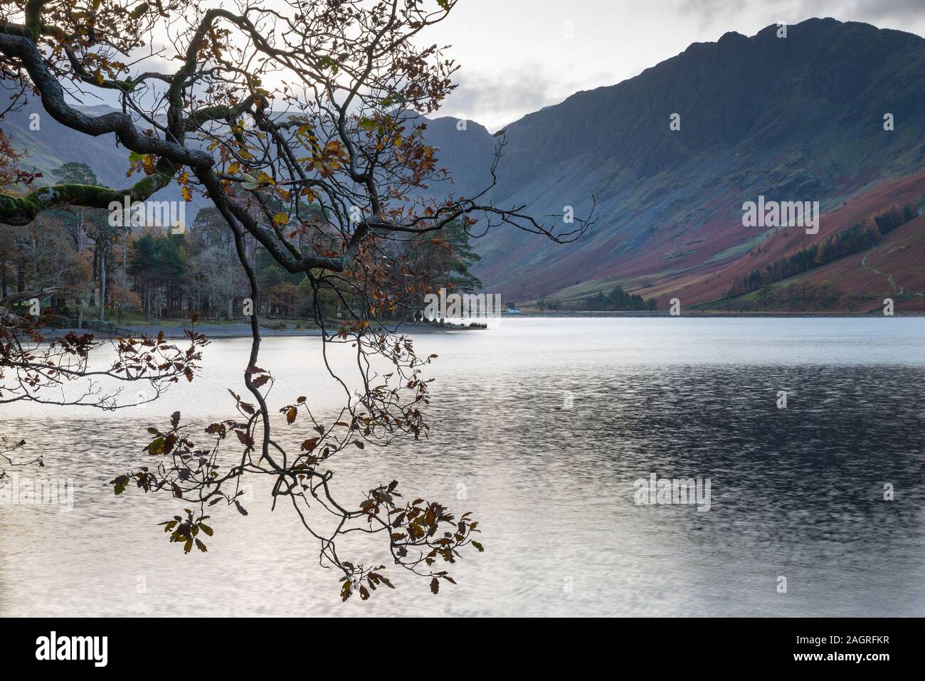 Incredibile epic Autumn Fall paesaggio Buttermere nel Lake District con una bella mattina presto la luce del sole giocando attraverso le colline e le montagne Foto Stock