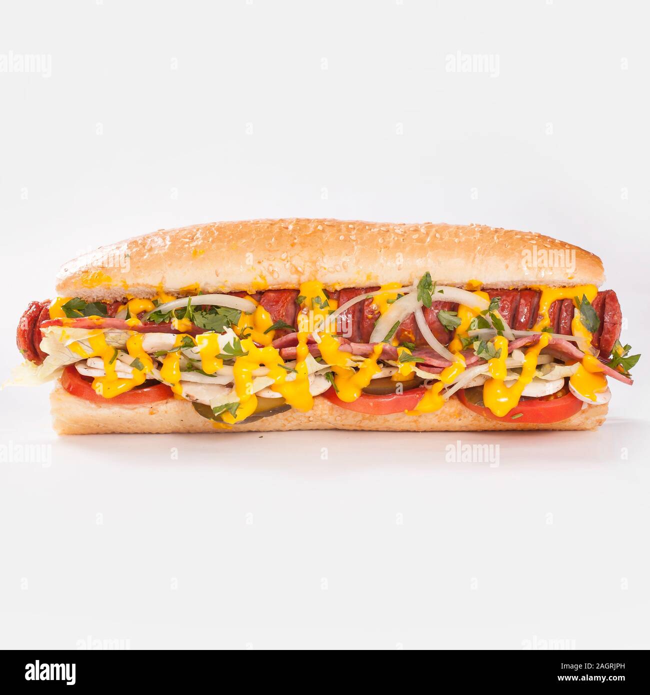 Hot Dog panino con salsa speciale Foto Stock