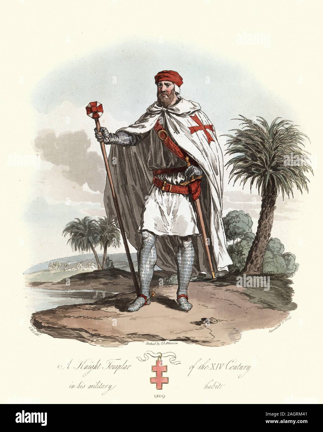 Cavaliere Templare del XIII secolo indossando posta chain armature e manto bianco. Antichi costumi di Inghilterra, 1813 Foto Stock