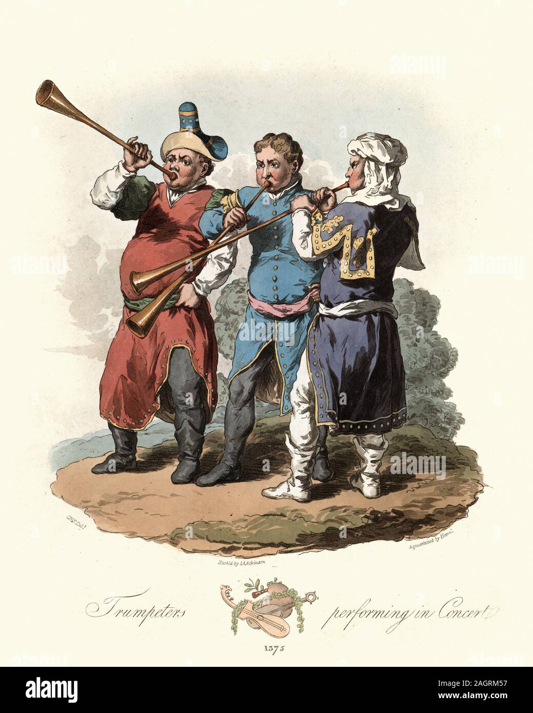 Musicisti medievale, Tromba musica, trombettieri a concerti, XIV secolo. Antichi costumi di Inghilterra, 1813 Foto Stock