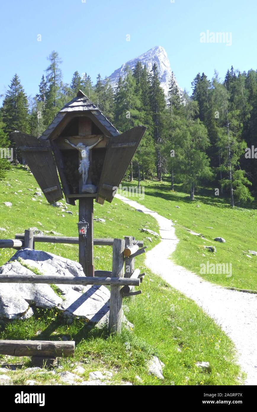 Watzmannüberschreitung: 1. Tag, Aufstieg zum Watzmannhaus, Blick auf Kleiner Watzmann. Foto Stock