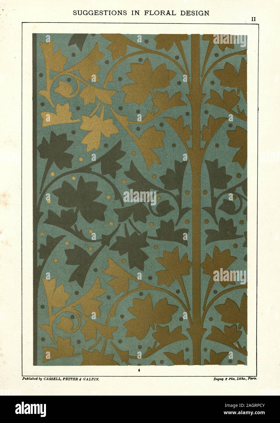 Vintage incisione di design floreale, verde e foglia oro pattern. Suggerimenti nel design floreale, F. Edward Hulme.Vittoriano, XIX SECOLO Foto Stock