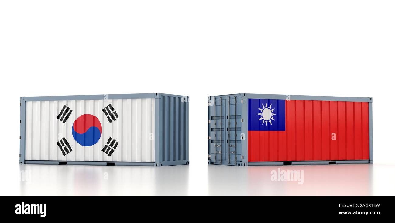 Contenitore per trasporto con la Corea del Sud e di Taiwan bandiera nazionale. Il rendering 3D Foto Stock
