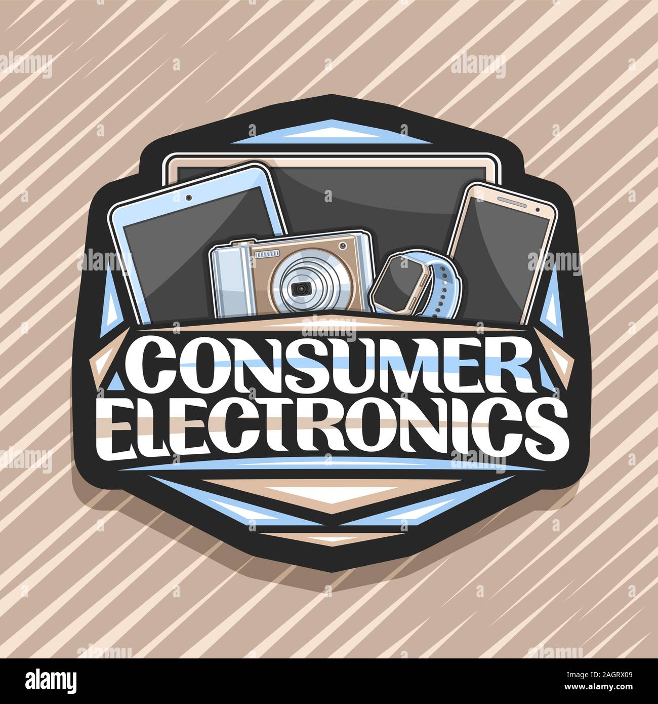 Il logo del vettore per il Consumer Electronics, nero monogramma decorativo con illustrazione di impostare marrone elementi elettronici, cartello con la scritta originale per wo Illustrazione Vettoriale