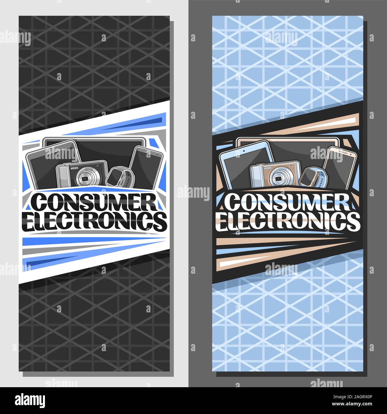 Formati vettoriali per Consumer Electronics, brochure con illustrazione di set elettronico nero gli elementi web, cartello con la scritta decorativa per le parole c Illustrazione Vettoriale
