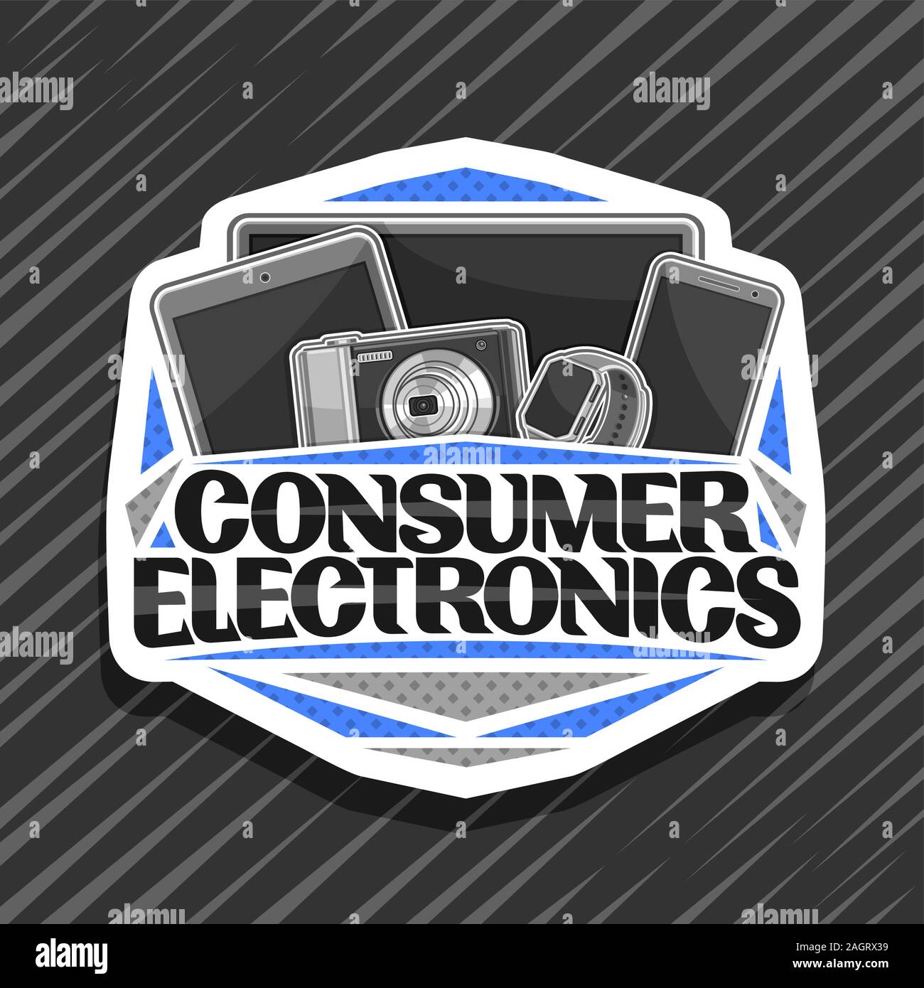 Il logo del vettore per il Consumer Electronics, decorativi taglio carta badge con illustrazione del grigio set di prodotti elettronici, concetto con carattere tipografico originale per Illustrazione Vettoriale