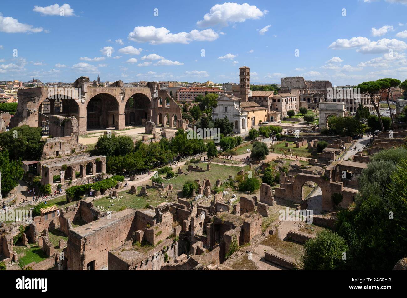 Roma. L'Italia. Vista del Foro Romano (Forum Romanum/Foro Romano) dal Colle Palatino. Sulla sinistra si trova la Basilica di Massenzio e Costantino, t Foto Stock