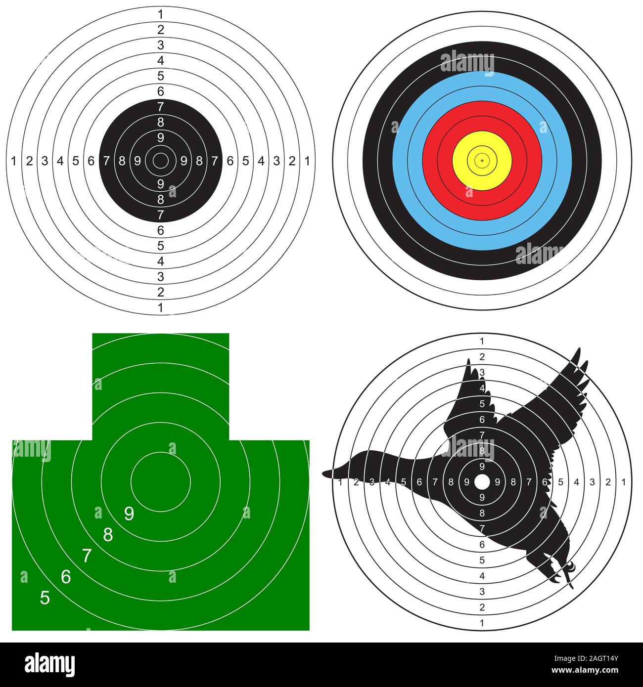 Serie di obiettivi per riprese - sport, tiro con l'arco, torace e per pistole pneumatiche. Illustrazione Vettoriale per la stampa Illustrazione Vettoriale