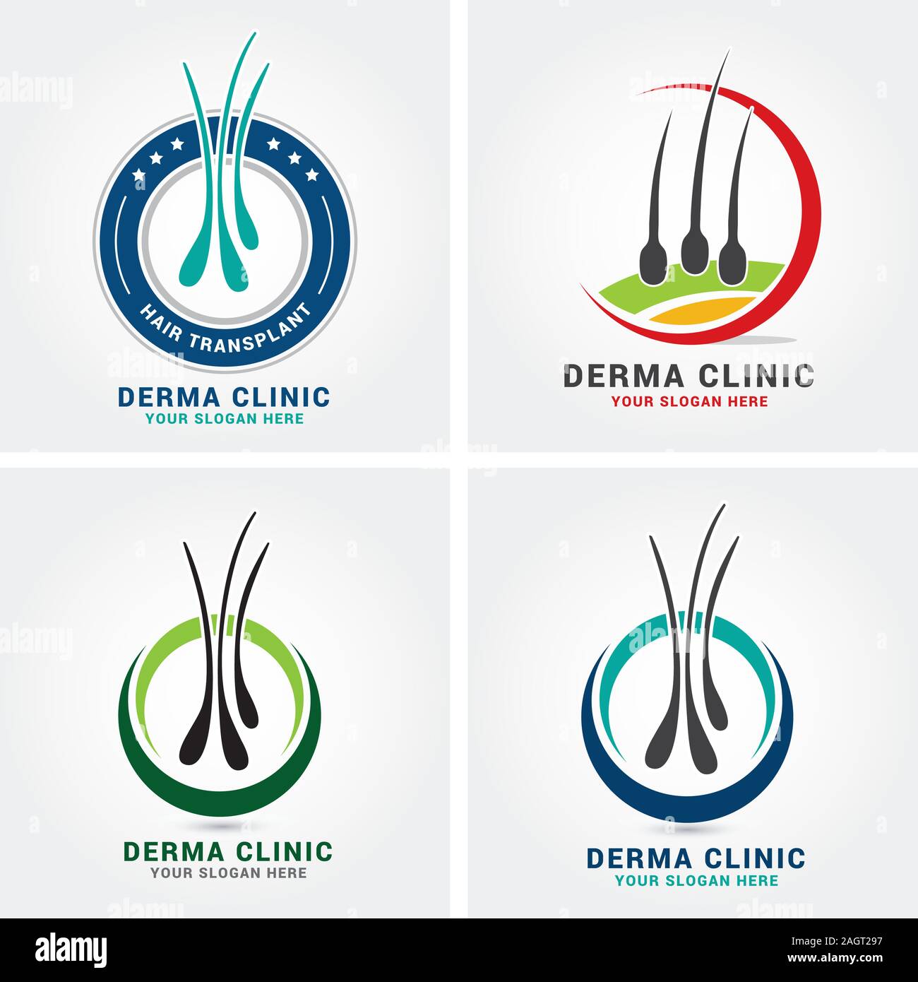 Cura dei capelli dermatologia logo icon set con follicolo diagnostica medica simboli. Alopecia il trattamento e il concetto di trapianto. Il trapianto del vettore Illustrazione Vettoriale