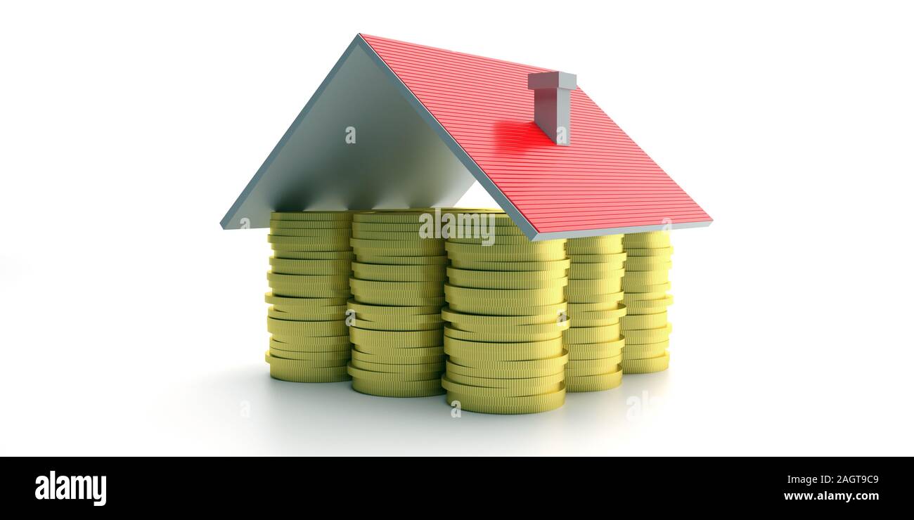 Sul tetto della casa su monete d oro pila contro uno sfondo bianco. Costruzione di immobili cost concept, 3d illustrazione Foto Stock