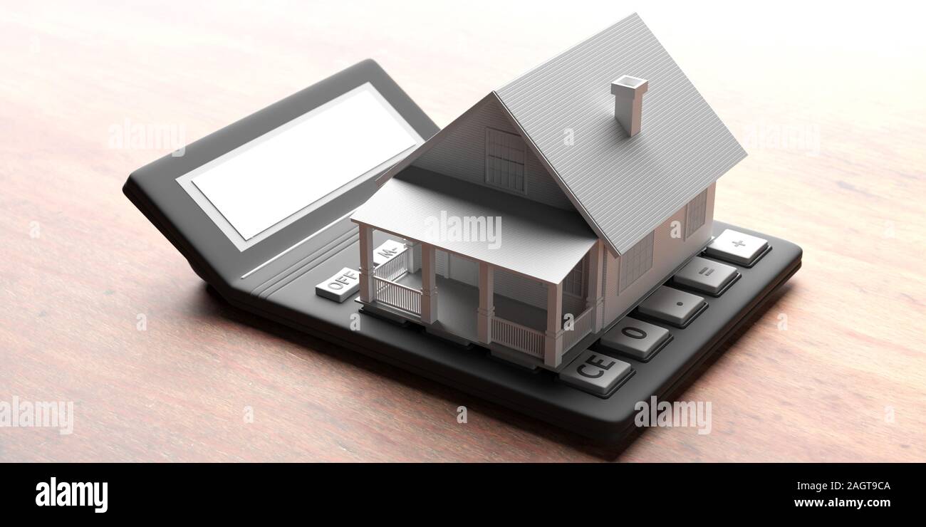 Modello di casa su un calcolatore contro uno sfondo di legno. Costruzione di immobili cost concept, 3d illustrazione Foto Stock