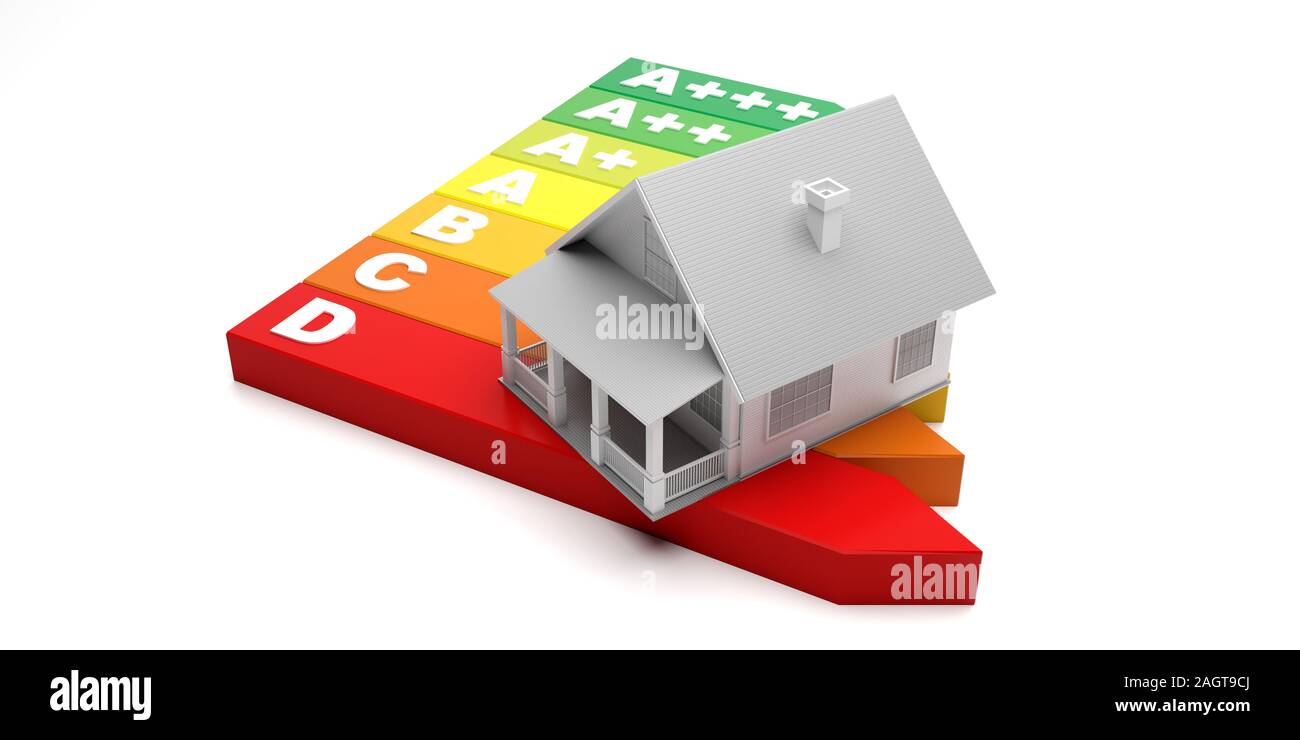 Efficienza energetica del concetto. Casa Famiglia modello e classificazione di energia grafico isolata contro uno sfondo bianco. 3d illustrazione Foto Stock