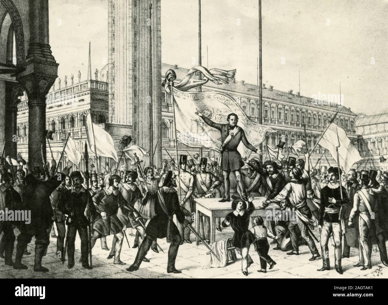 Patriota italiano Daniele Manin proclama la repubblica di San Marco, Venezia 1848, litografia, Italia Foto Stock