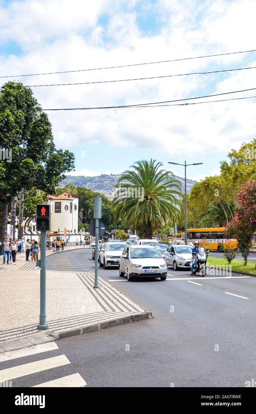 Funchal, Madeira, Portogallo - Sep 10, 2019: luce rossa su una zebra crossing e strada adiacente con vetture di Madeira città capitale. Verdi alberi lungo la strada. Il traffico della città. Foto verticale. Foto Stock