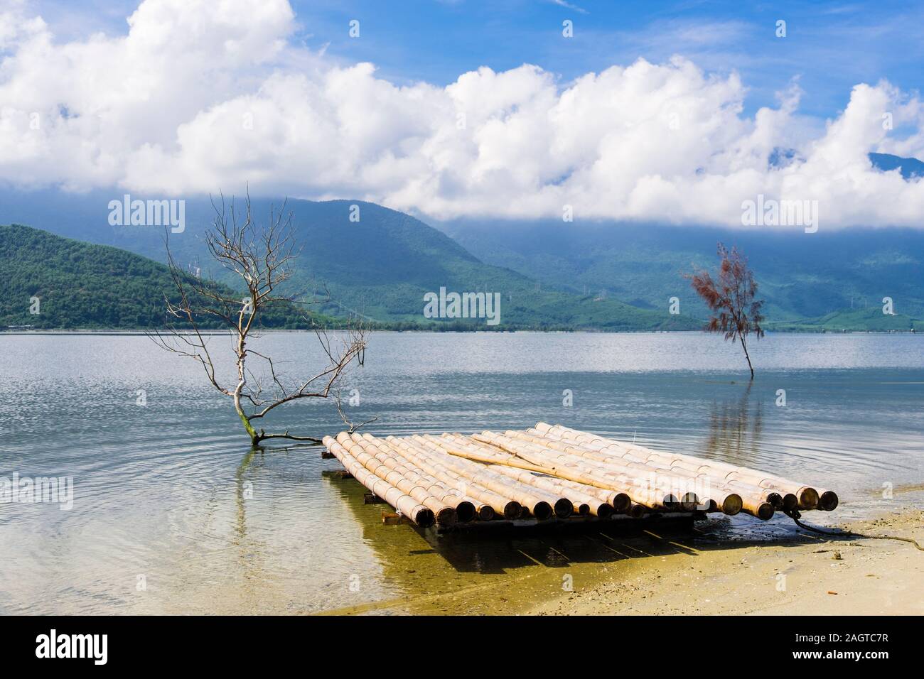 Zattera di registro di piattaforma di pesca in giro un Lagoon con montagne al di là in Bạch Mã Parco Nazionale. Lang Co, l'unità PHU Loc, Thua Thien Huê, Vietnam Asia Foto Stock