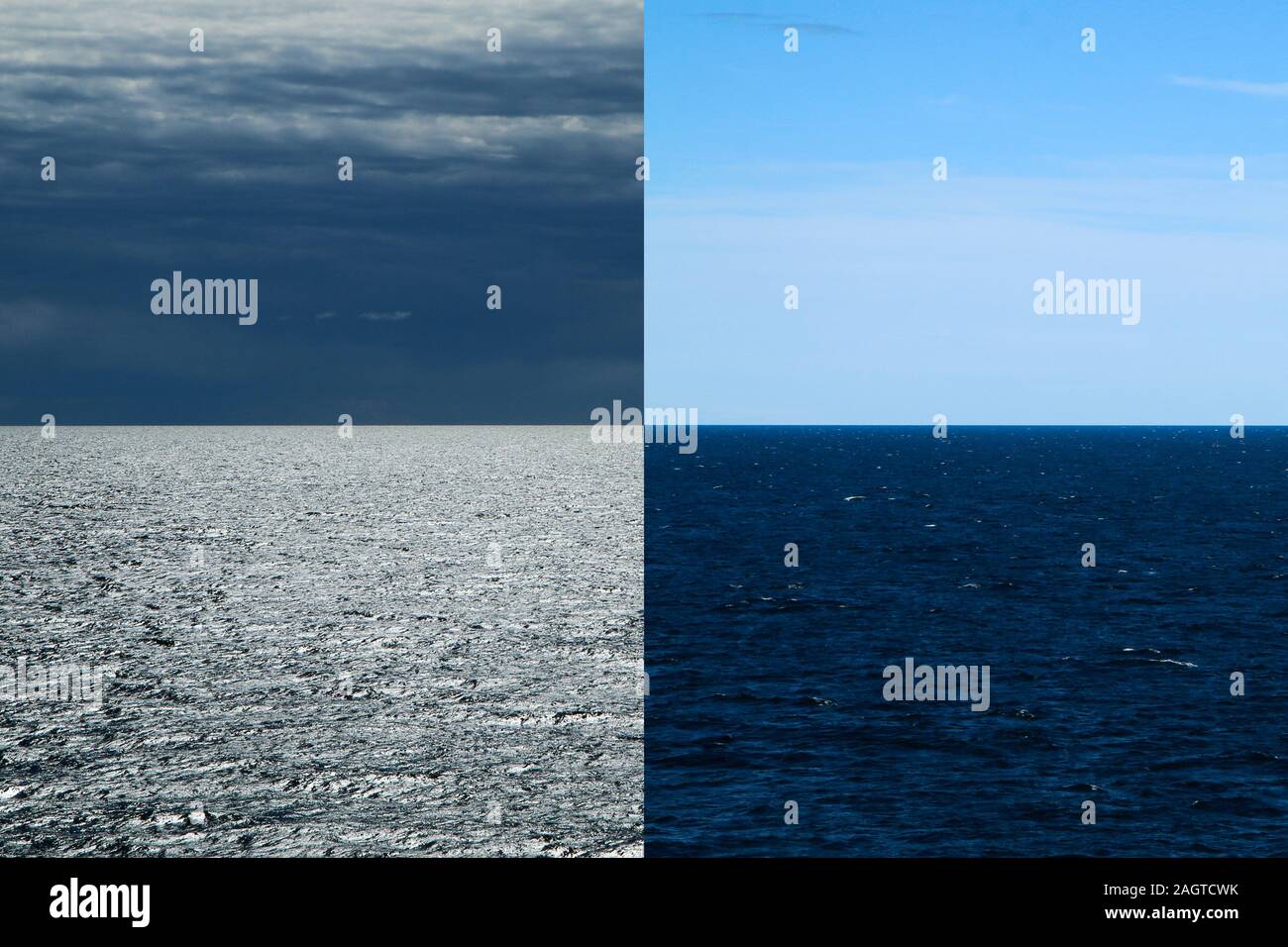 L'immagine da un traghetto tra la Svezia e la Finlandia. Il contrasto tra il cielo e l'acqua. Il collage di due situazioni. Foto Stock