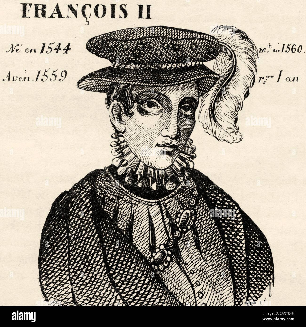 Ritratto di François II (1544 - 1560). Re di Francia dal 1559 al 1560. Valois-Angoulême filiale. La storia di Francia, dal libro Atlas de la France Foto Stock