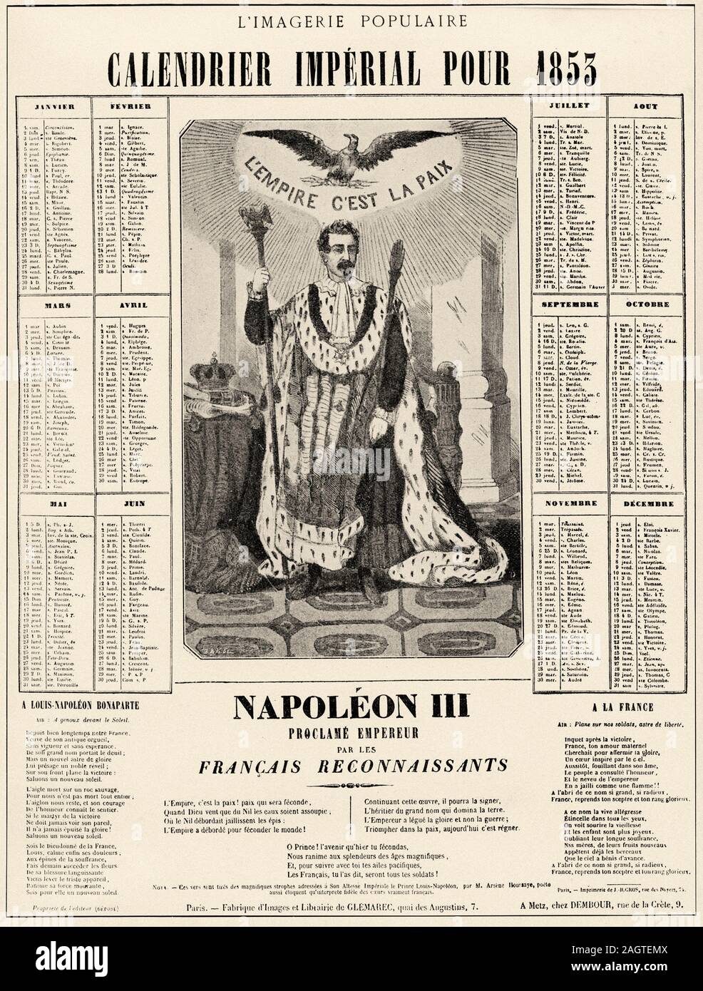 Calendario Imperiale per 1853. Napoleone III proclama imperatore dal grato francese. Storia della Francia, vecchie illustrazioni incise immagine dal libro Hi Foto Stock