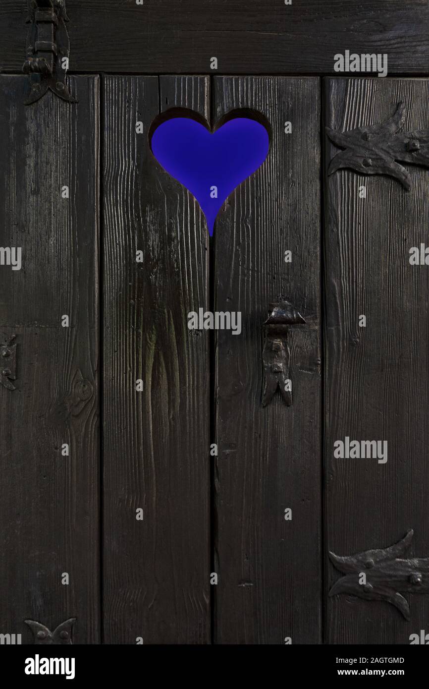 Piccola porta di legno scuro con taglio fuori centro Foto Stock