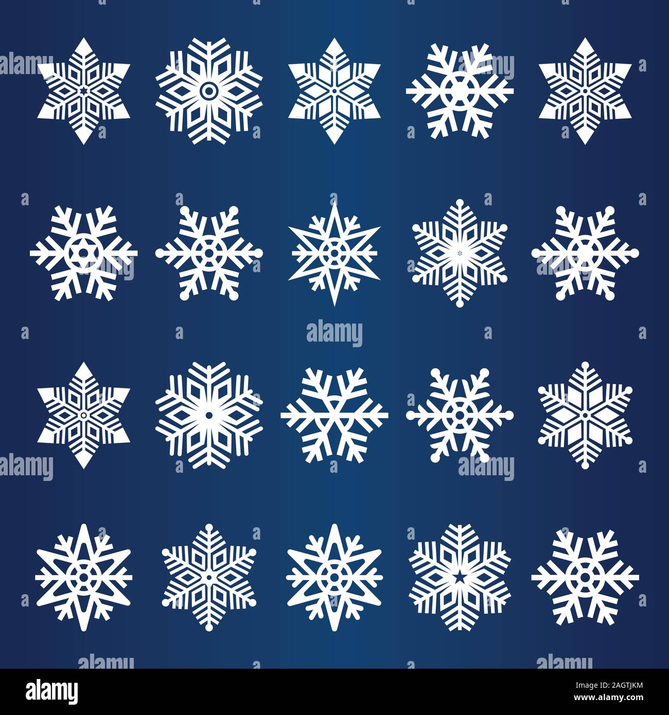 Inverno Collezione Snowflake icona Disegno vettoriale, vacanze inverno insieme di fiocco di neve Logo Design. Il simbolo del fiocco di neve bianca Vector Bundle con sfondo blu. Illustrazione Vettoriale