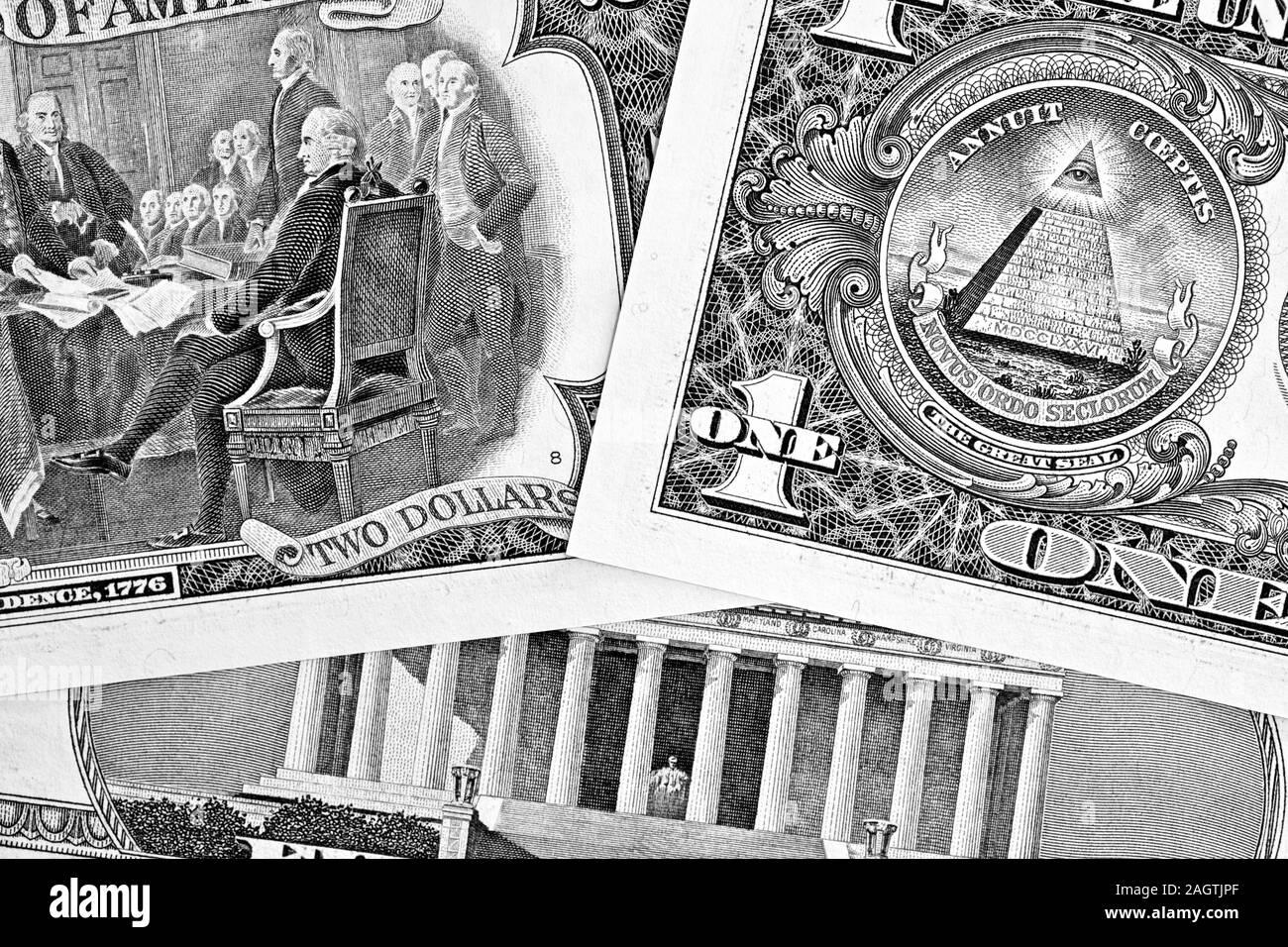 Stati Uniti uno-dollaro, due-dollaro e cinque fatture del dollaro Foto Stock