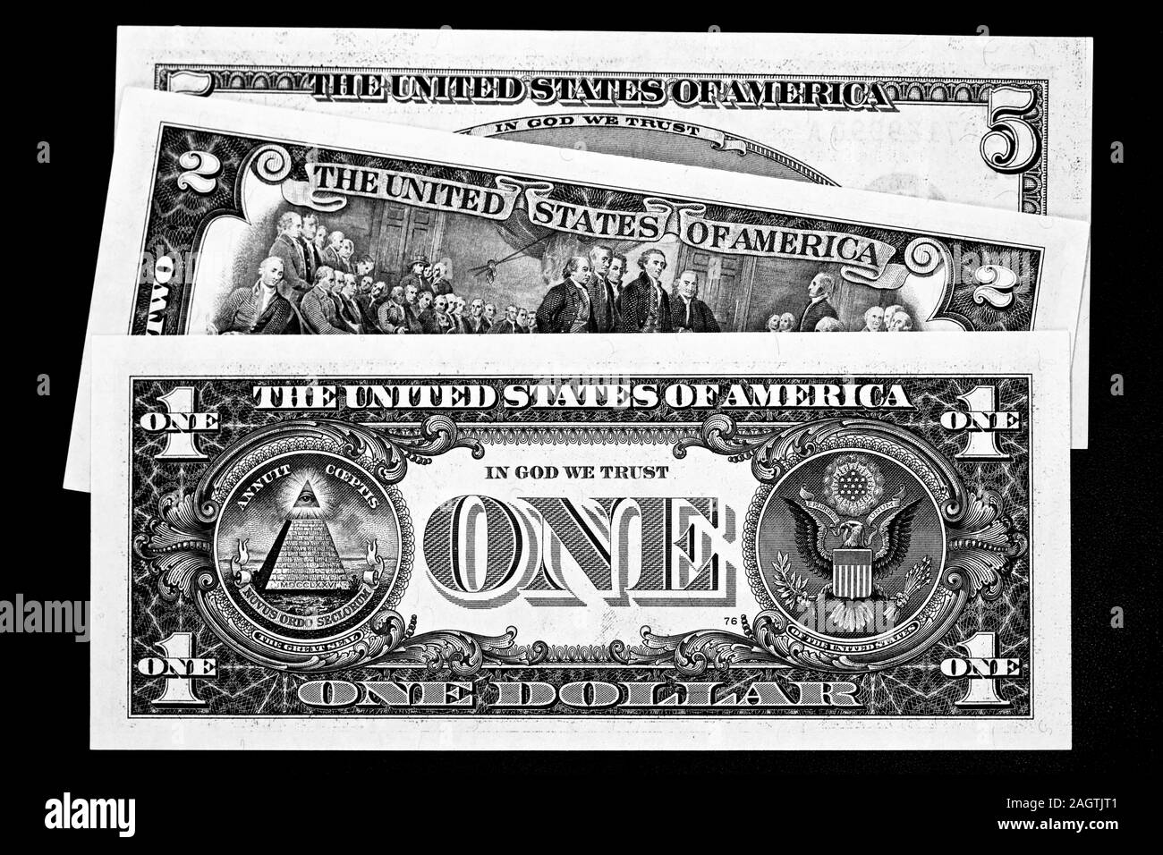 Stati Uniti uno-dollaro, due-dollaro e cinque fatture del dollaro Foto Stock