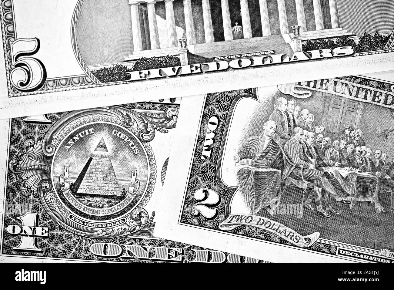 Stati Uniti uno-dollaro, due-dollaro e cinque fatture del dollaro Foto Stock