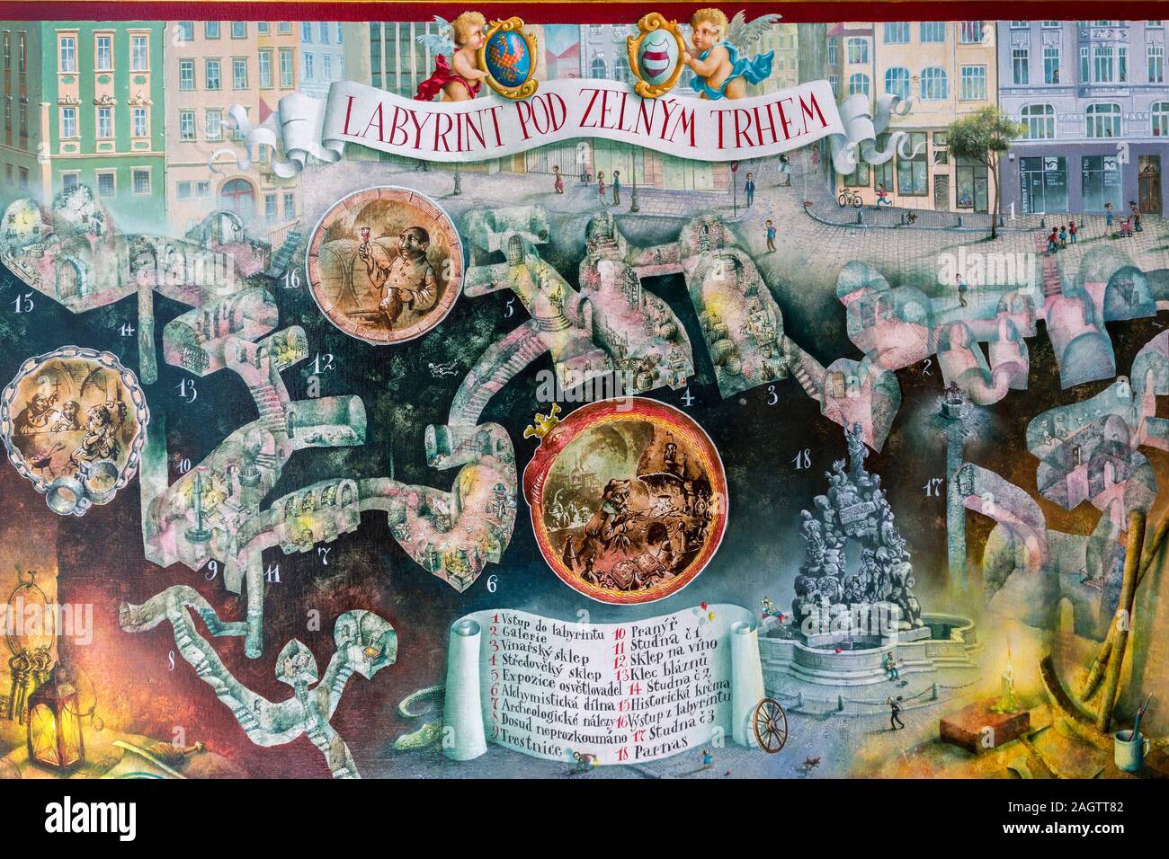 Mappa e illustrazioni per il labirinto di tunnel sotterranei, Brno, Repubblica Ceca Foto Stock