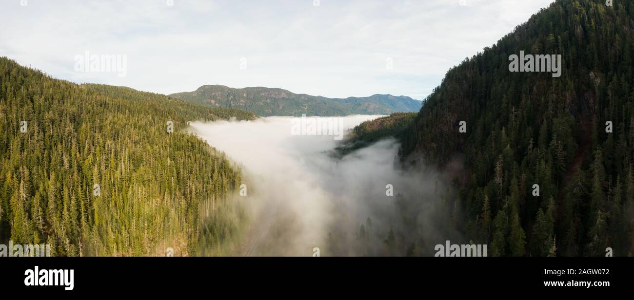 Antenna vista panoramica della splendida canadese paesaggio di montagna sopra le nuvole durante una giornata di sole. Situato sulla costa occidentale dell'isola di Vancouver vicino Foto Stock