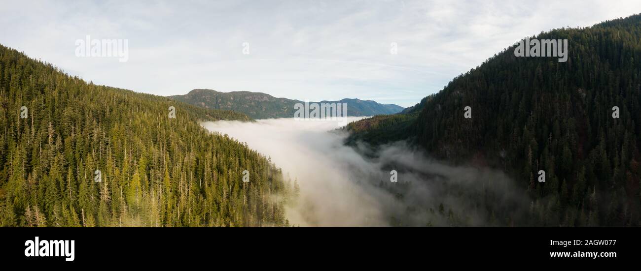 Antenna vista panoramica della splendida canadese paesaggio di montagna sopra le nuvole durante una giornata di sole. Situato sulla costa occidentale dell'isola di Vancouver vicino Foto Stock