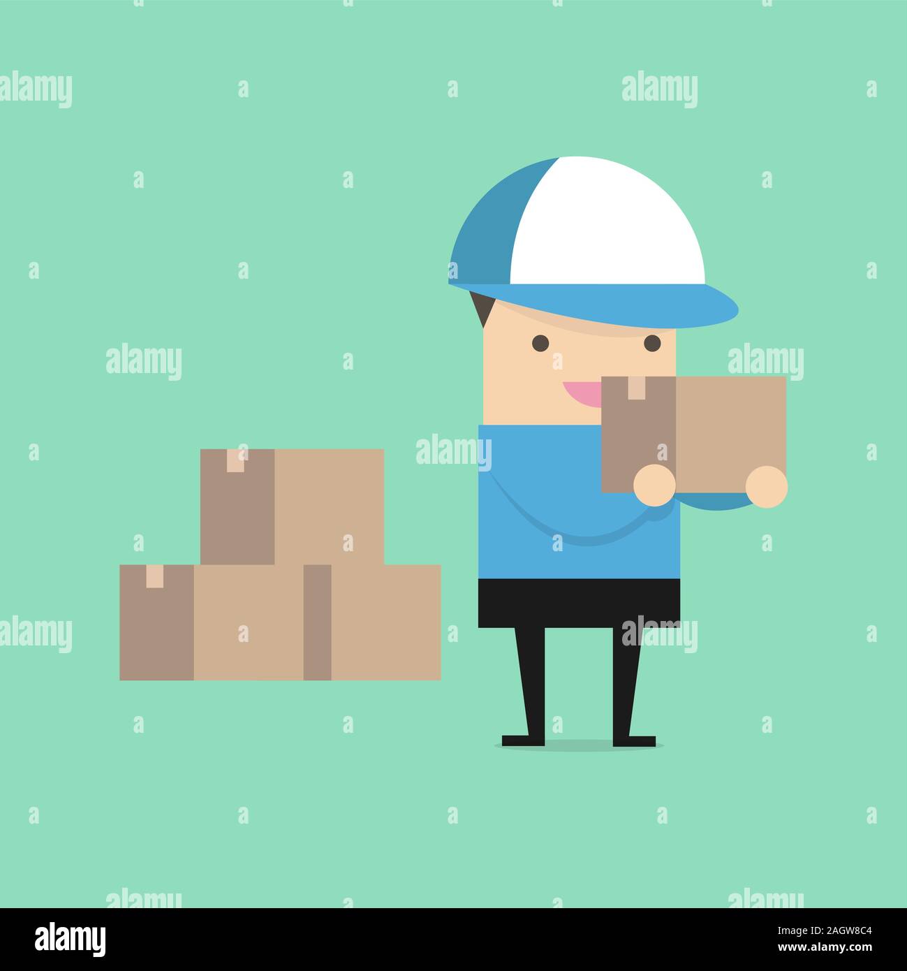 Uomo di consegna in uniforme blu scatole di contenimento e documenti in diverse pose. vettore Illustrazione Vettoriale