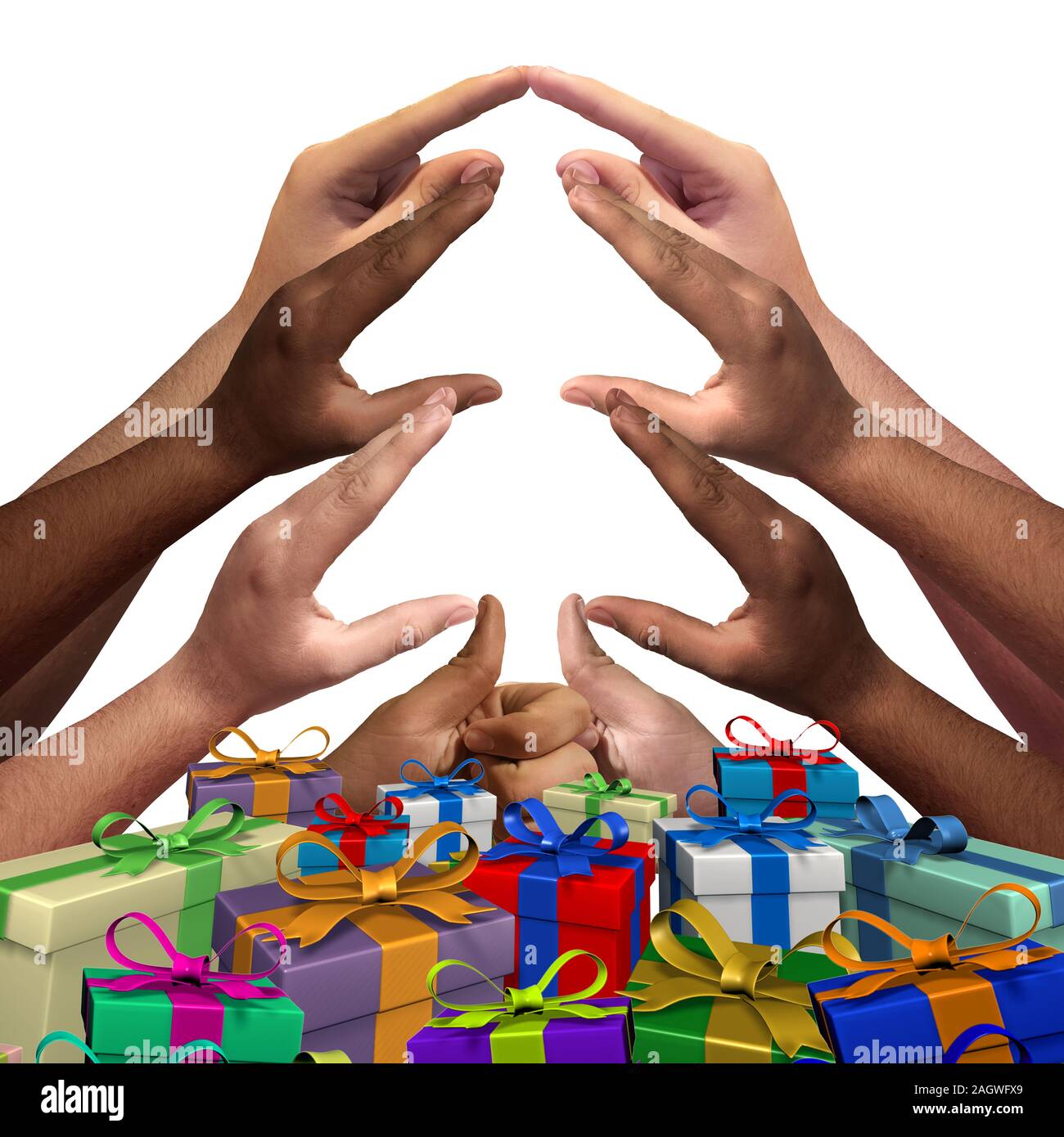 Comunità dando il supporto come un gruppo di diverse persone raccogliere insieme come un simbolo di stagione per stare insieme e di amicizia o di generosità. Foto Stock