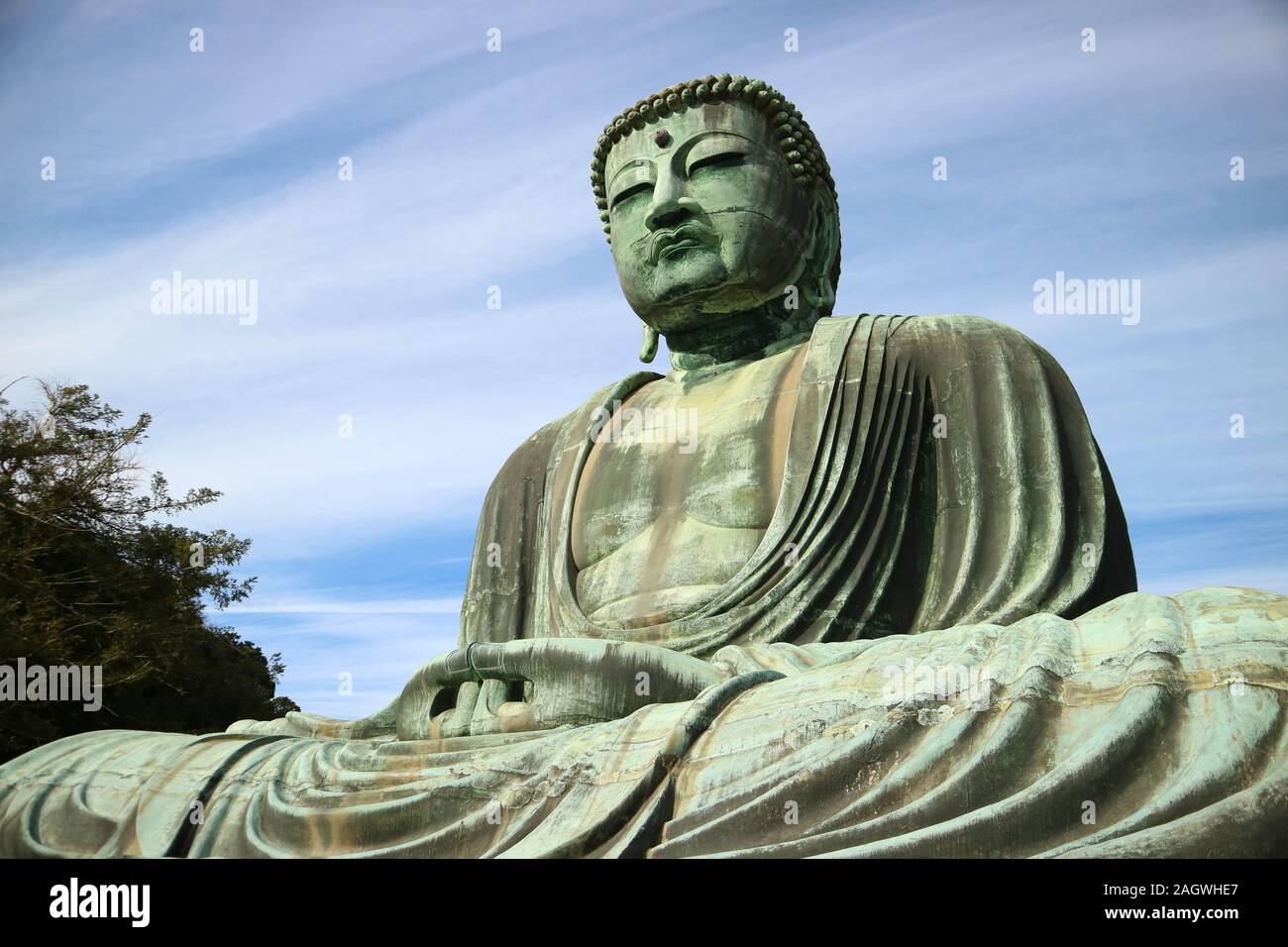 Il grande Buddha di Kamakura bellissimo cielo e albero in kangawa Giappone Foto Stock