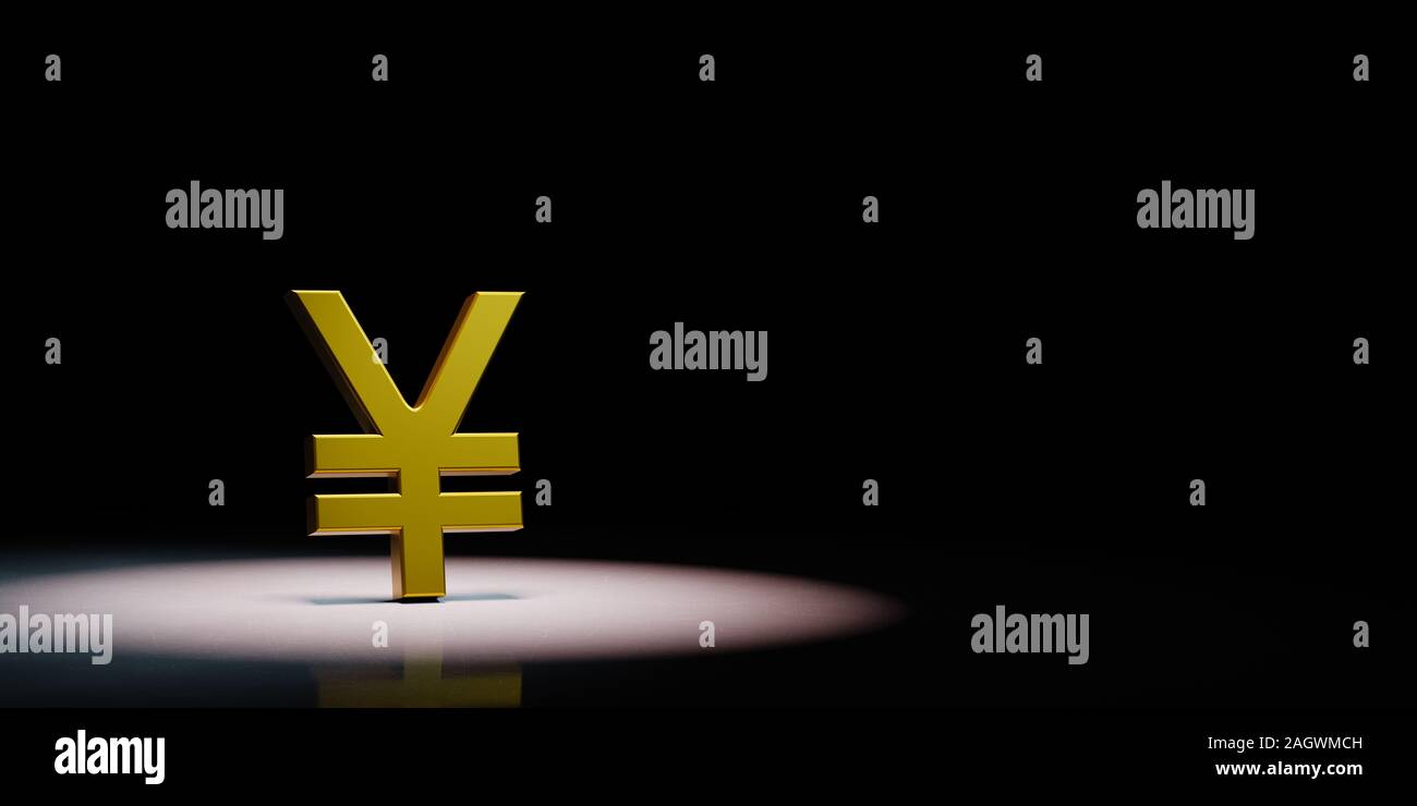 Golden Yuan o Yen simbolo di valuta forma protagonista su sfondo nero con copia spazio 3D illustrazione Foto Stock