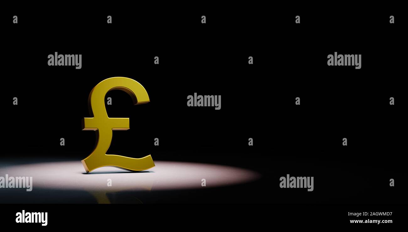 Golden Pound valuta britannica forma del simbolo protagonista su sfondo nero con copia spazio 3D illustrazione Foto Stock