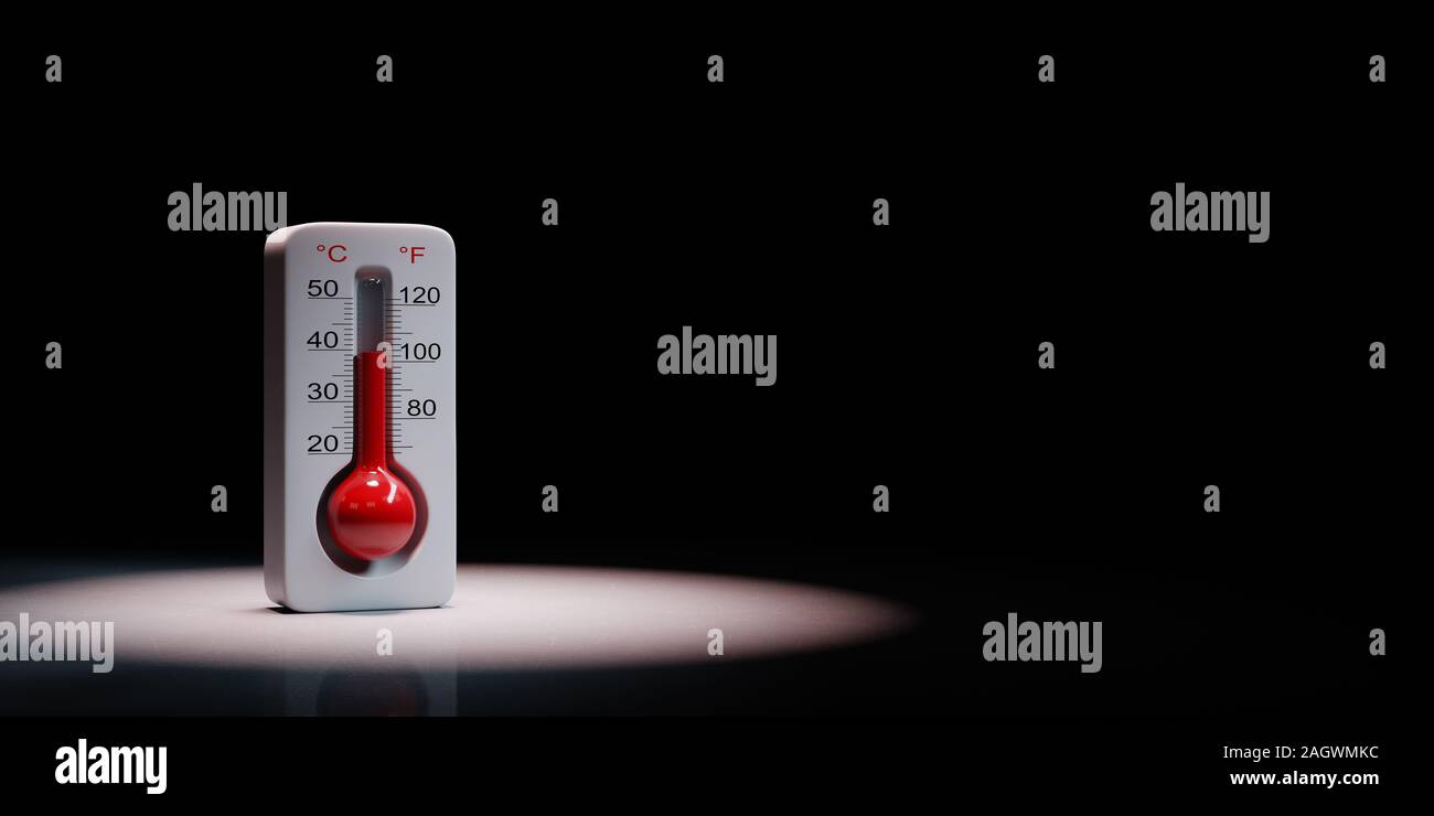 Termometro protagonista su sfondo nero con copia spazio 3D illustrazione Foto Stock
