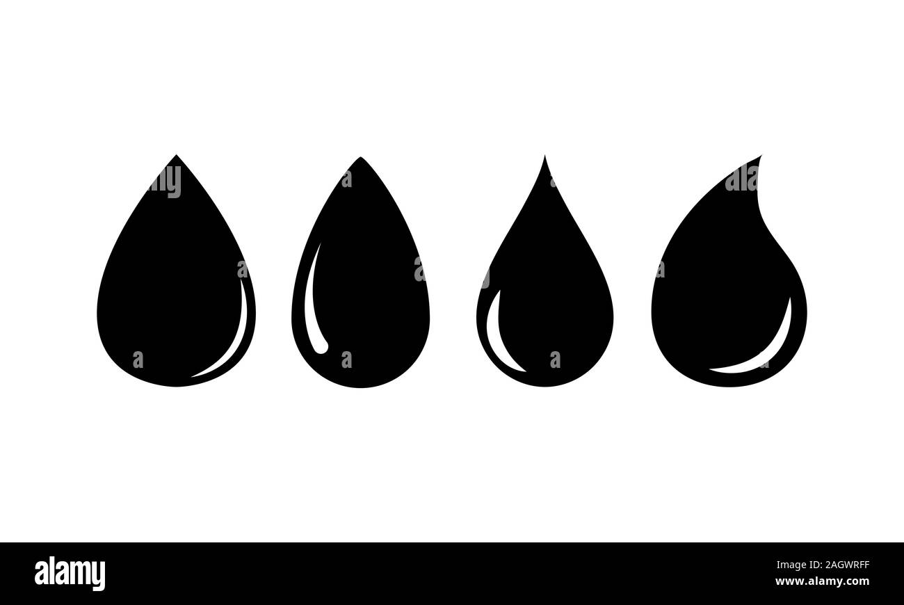 Water drop set di icone di stile di piatto nero su sfondo bianco.semplicemente disegno vettoriale, acqua il simbolo delle icone, acqua goccia silhouette. Illustrazione Vettoriale